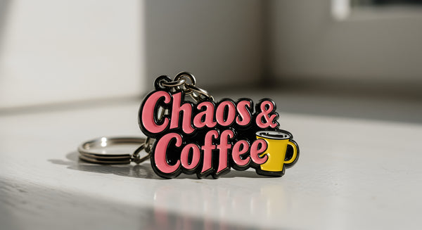 Custom enamel keychain - Chaos and Coffee design with pink lettering and yellow coffee cup charm