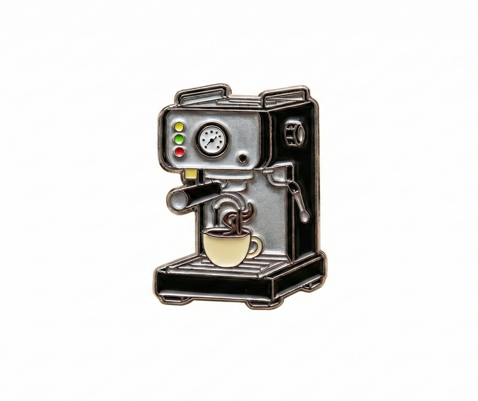 Custom soft enamel pin example - espresso coffee machine design with coffee cup in silver and black