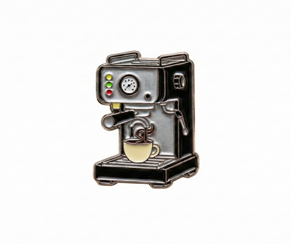 Custom soft enamel pin example - espresso coffee machine design with coffee cup in silver and black